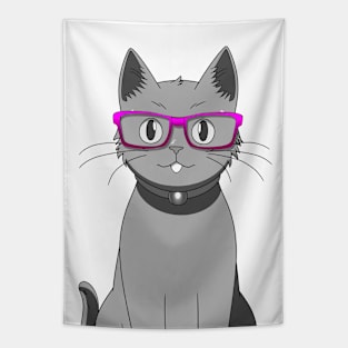 Cute Grey Cat with Nerdy Pink Glasses - Anime Wallpaper Tapestry