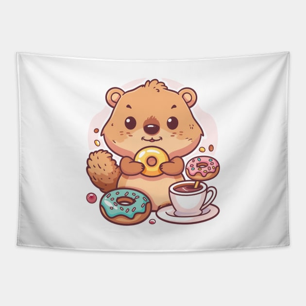 Cute Quokka eating donut Tapestry by MilkyBerry