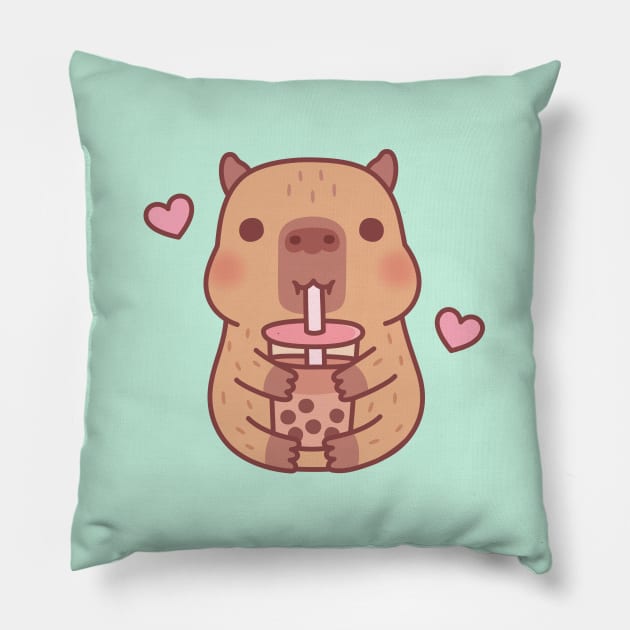 Cute Little Capybara Loves Bubble Tea Pillow by rustydoodle