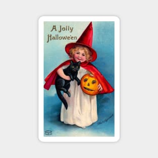 Vintage Halloween Girl Black Cat Magnet