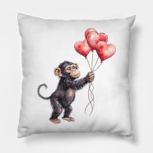 Valentine Chimpanzee Holding Heart Shaped Balloons Pillow