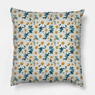 Illustrated Daisy - White and Blue Floral Pattern Pillow