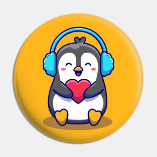 Cute Penguin Holding Love With Earmuff Pin