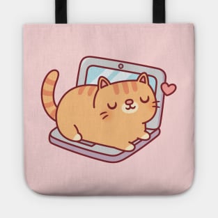 Cute Chubby Tabby Cat Resting On Laptop Tote