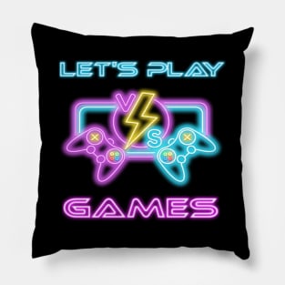 Lets Play Games in neon lights with two vs Gaming Controller for Gamer Pillow