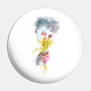 Abstract Male Watercolor Portrait with Wildflowers Bouquet Pin