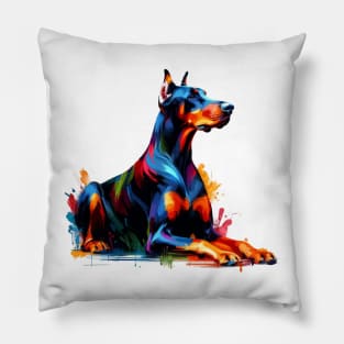 Elegant Doberman Pinscher in Colorful Splash Art Style Pillow