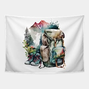 Backpack And Boots Watercolor Style Hiking Scene Tapestry