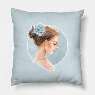 Romantic girl with blue rose Pillow