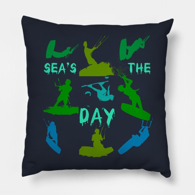 Kitesurfer Silhouette Pattern With Seas The Day Quote Pillow by taiche