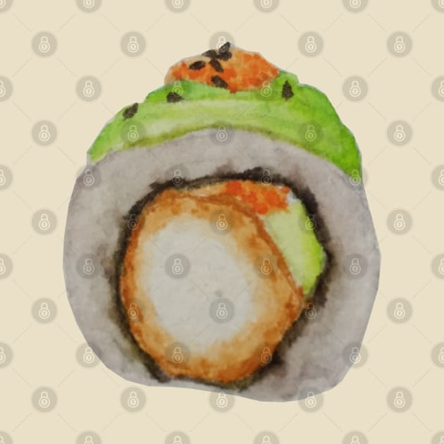 Green dragon avocado sushi roll watercolour painting by toffany's