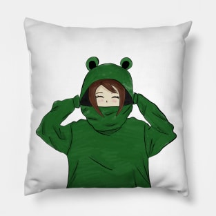Girl in Green Frog Hoodie Pillow