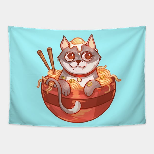 Ramen Noodle Tabby Cat Tapestry by Claire Lin