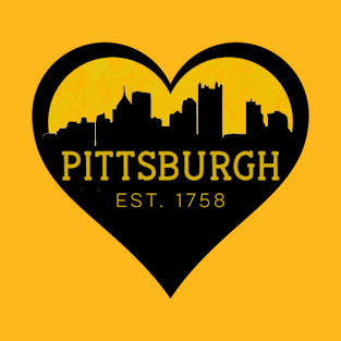 Pittsburgh Love Heart Gold Black City Skyline Yinzers T-Shirt