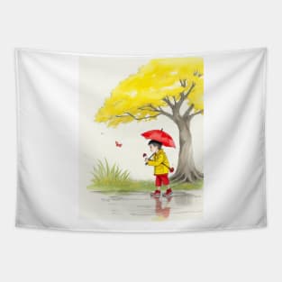 kid playing in water puddles. Tapestry