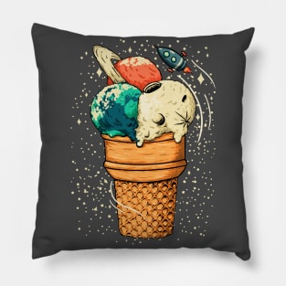 Space Ice Cream - Triple Scoop Cone Planet, Vanilla Moon, Pappermint Mint Chocolate Chip Earth, Melon, Cantaloupe, Muskmelon Saturn Pillow