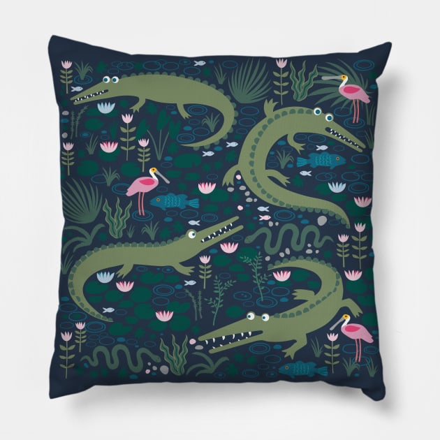 American Alligators and Roseate Spoonbills - cute animal design by Cecca Designs Pillow by Cecca