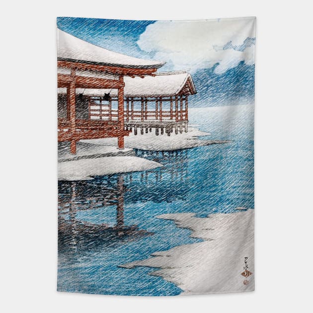 Snow on a Bright Day by Hasui Kawase Tapestry by uncommontee