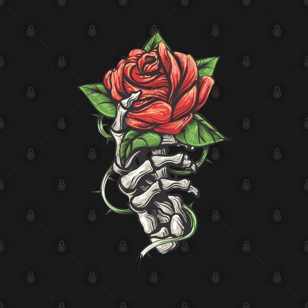 Tattoo of Rose flower in human skeleton hand by devaleta