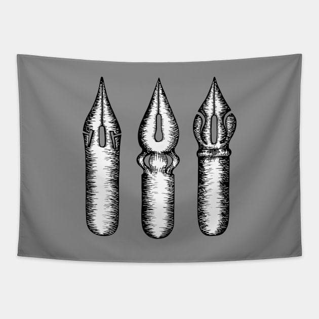 Dip Pen Nibs (Grey and White) Tapestry by illucalliart