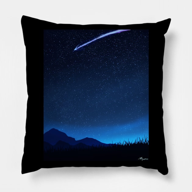 Shooting Star Night Time Scenery - Calming Anime Nature Scene Pillow by DotNeko