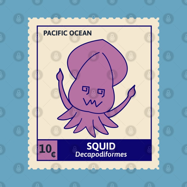 Kawaii Cute Silly Purple Squid, Ocean Stamp Collection, Stamp Collector by vystudio