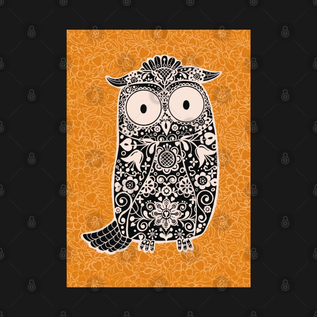 Black and White Folk Art Owl on orange floral background by NattyDesigns