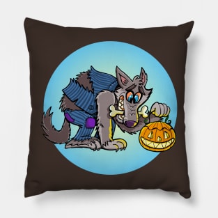 funny werewolf is holding a pumpkin lamp for Halloween Pillow