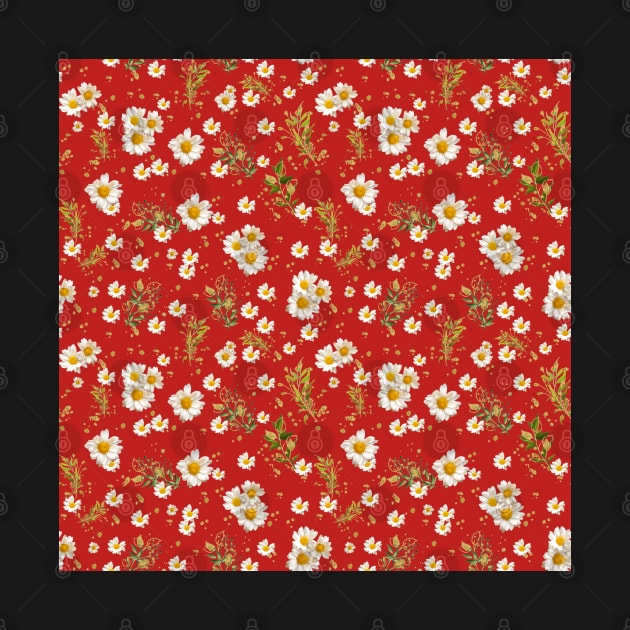 White Daisies Field Floral Scarlet Pattern by DMRStudio