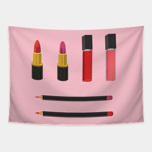 Makeup Set: Lip Products (Pink Background) Tapestry