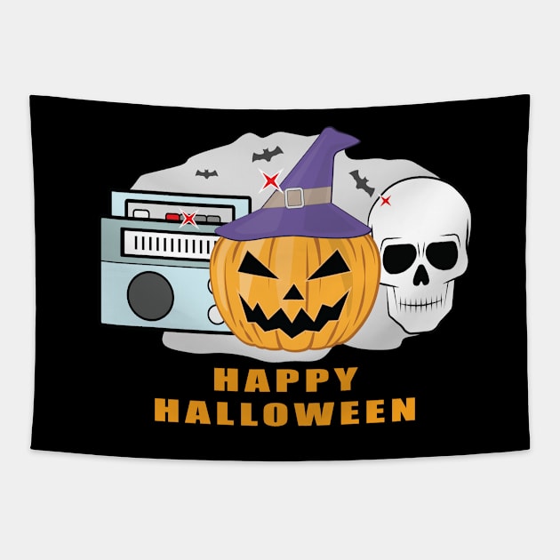 Happy Music Halloween - Spooky Skull, Pumpkin & Radio Tapestry by DesignWood Atelier