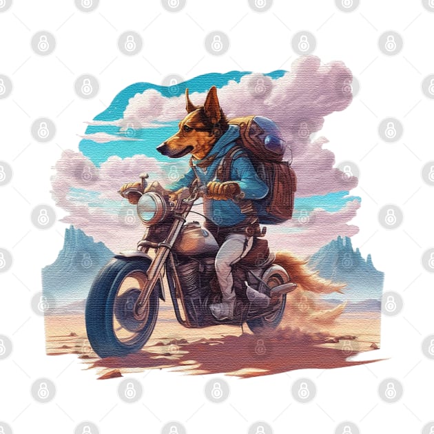 Dog riding a motorcycle in the desert by JnS Merch Store