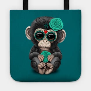 Teal Blue Day of the Dead Sugar Skull Baby Chimp Tote