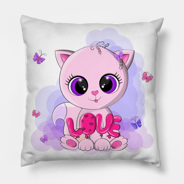 Cute pink cat, with big loving eyes. Pillow by Eduard Litvinov