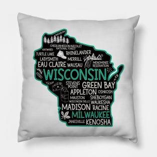 Milwaukee Wisconsin cute map, Osseo, Green Bay, Kenosha, Racine, Appleton, Waukesha, Eau Claire, Oshkosh, Janesville Pillow