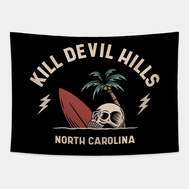 Vintage Surfing Kill Devil Hills North Carolina // Retro Surf Skull Tapestry by Now Boarding