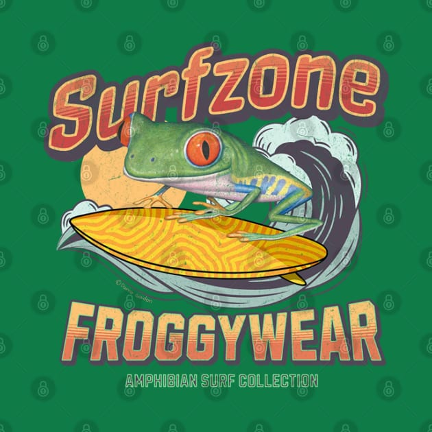 Cute and Funny red eyed tree frog surfing using froggy wear amphibian surf attire tee by Danny Gordon Art