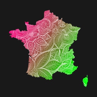 Colorful mandala art map of France with text in pink and green T-Shirt