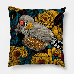 Zebra finch and yellow rose bush Pillow