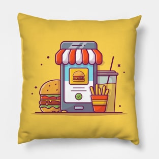 Handphone, Burger, French Fries, And Drink Cartoon Pillow