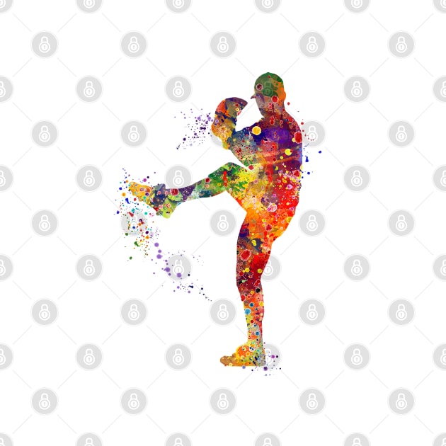 Baseball Pitcher Boy Colorful Watercolor Silhouette by LotusGifts
