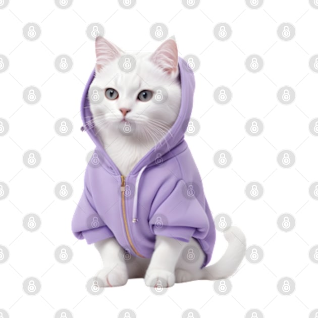 White British Short hair Cat wearing purple t-shirt by Luckymoney8888