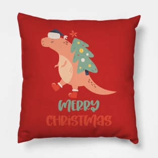 Dinosaur Carrying a Christmas Tree Pillow