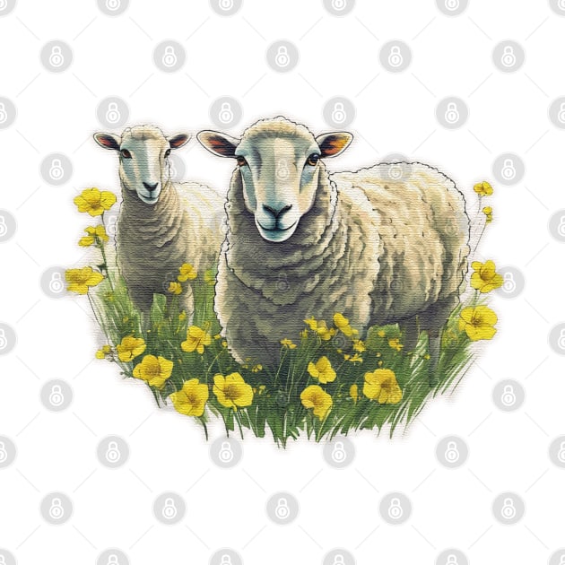 sheep in a field of flowers by JnS Merch Store