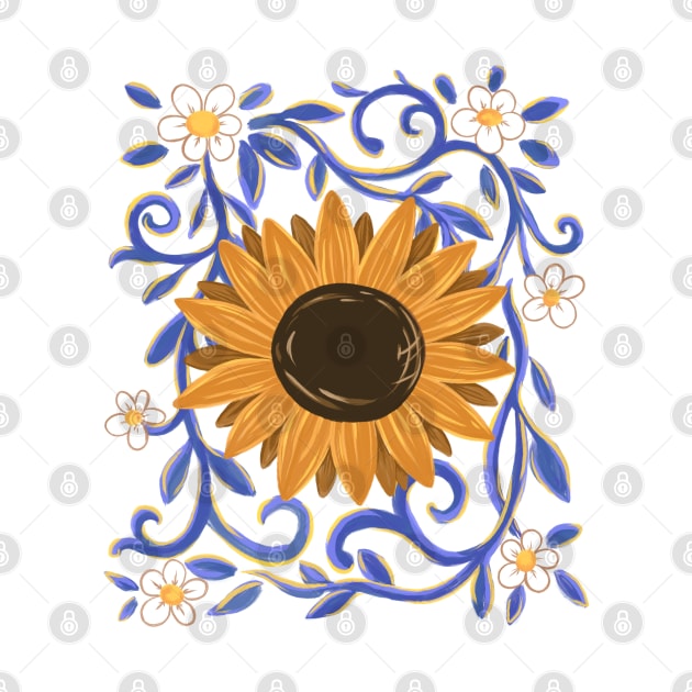 Yellow Sunflower Sunshine with Ornate Vines by Kraina