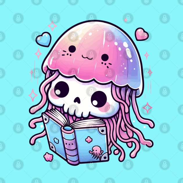 Kawaii Skeleton In a Jellyfish Costume Reading Book by TomFrontierArt