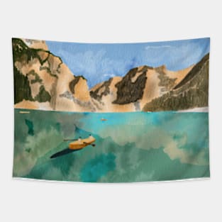 Mountain and lake watercolor landscape painting Tapestry