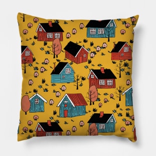 Yellow, pink, blue scandinavian wooden houses and trees without leaves with sheep Pillow