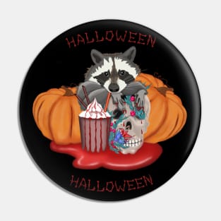 Halloween Raccoon with skull and pumpkins in the blood puddle Pin