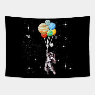 Astronaut holding Planet Balloons Solar System Tapestry